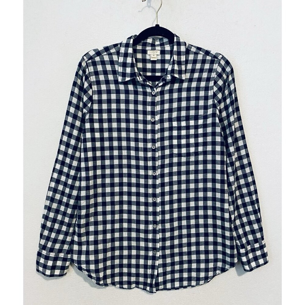 J Crew Top Womens Medium Navy Blue Gingham Button Up Long Sleeve Lightweight